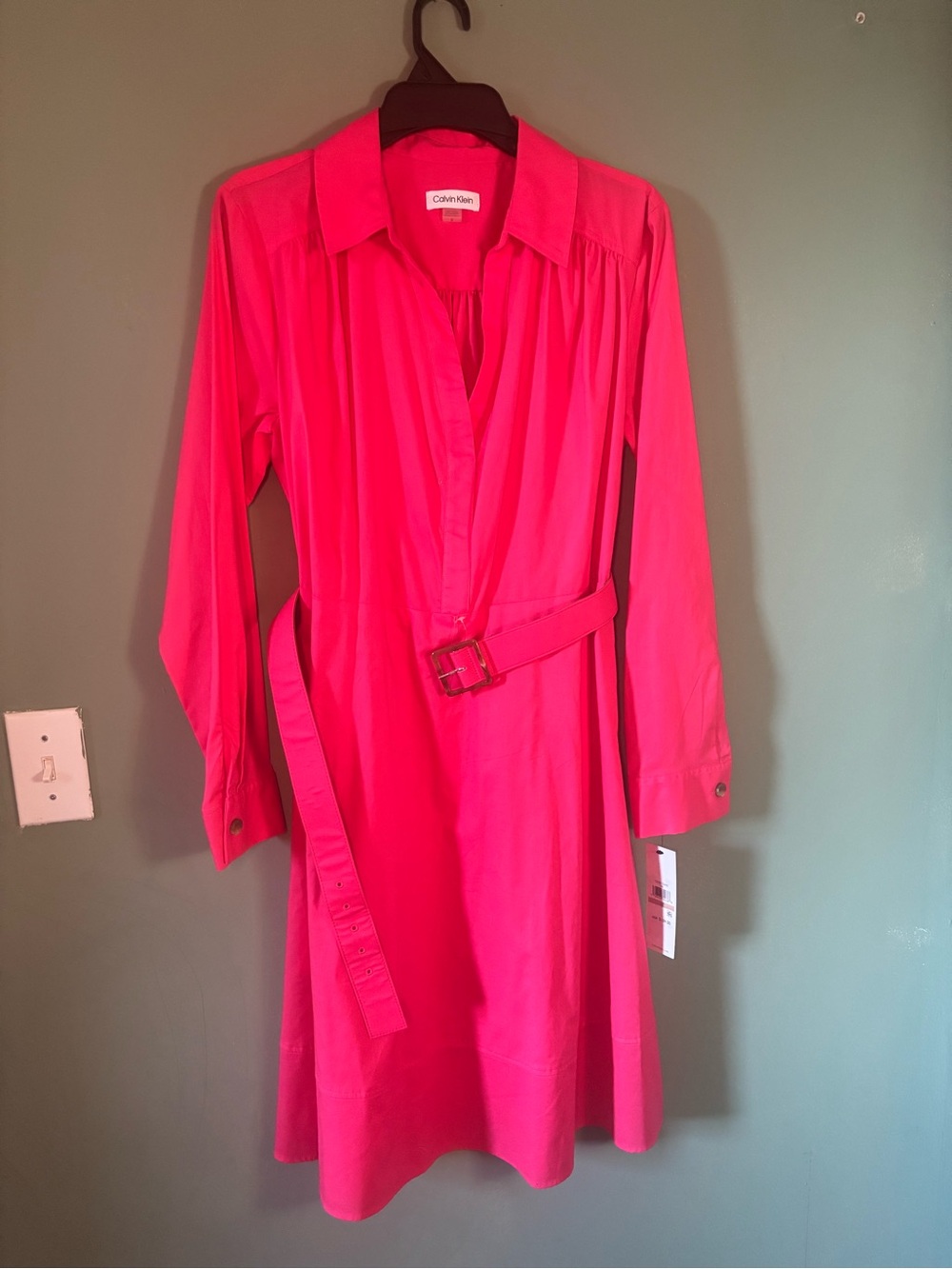 Calvin Klein Hot Pink Long Sleeve Shirt Dress with Belt
